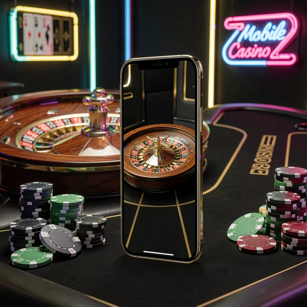 A8800 mobile casino application scene featuring a phone in the center with a roulette wheel and poker chips in the background, illuminated by glowing neon lights in a premium black and gold style