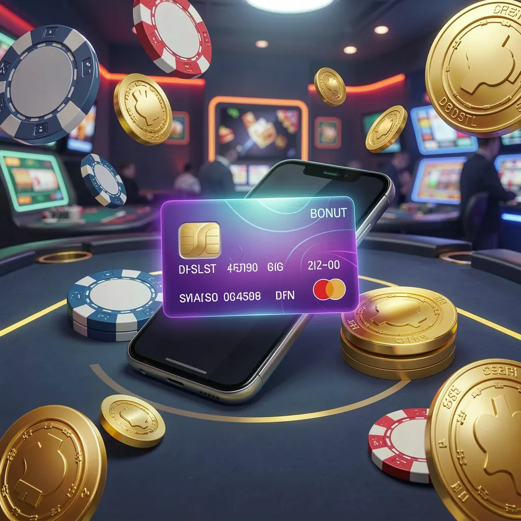 A8800 deposit bonus concept featuring a smartphone wallet with a glowing payment card, surrounded by golden coins and poker chips in a modern mobile casino style