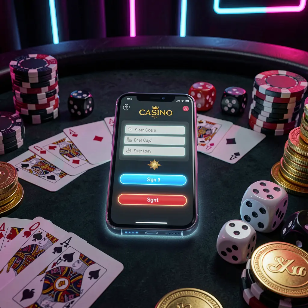 A8800 casino account sign in scene with a glowing smartphone on a casino table surrounded by cards, chips, dice, and gold coins against an elegant dark background with neon highlights