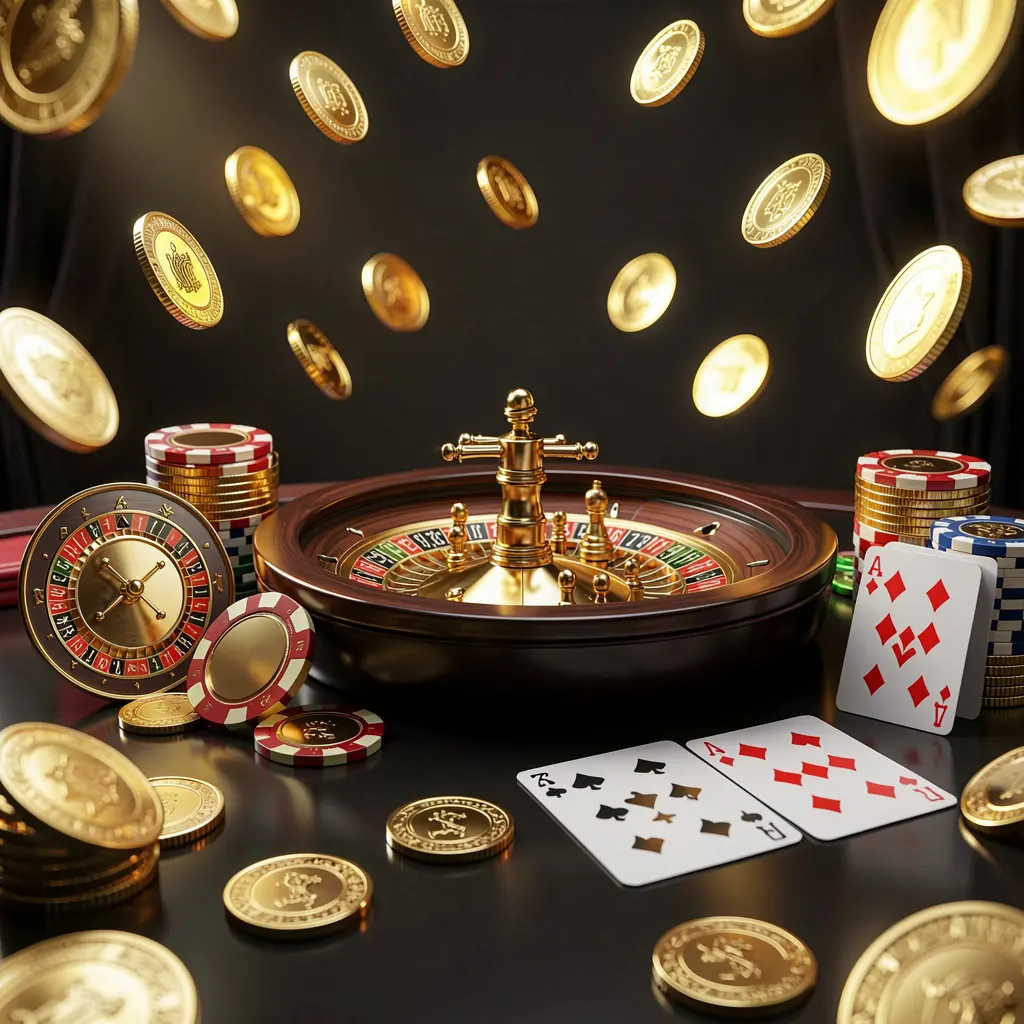 A8800 premium online casino banner featuring golden coins, glowing chips, a roulette wheel, and playing cards on a glossy table with an elegant dark background in a high detail realistic 3D render