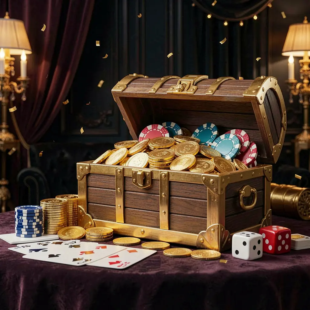 A8800 online casino welcome banner featuring a treasure chest filled with golden coins and casino chips, surrounded by playing cards and dice, set against a dark luxury background creating a festive premium atmosphere